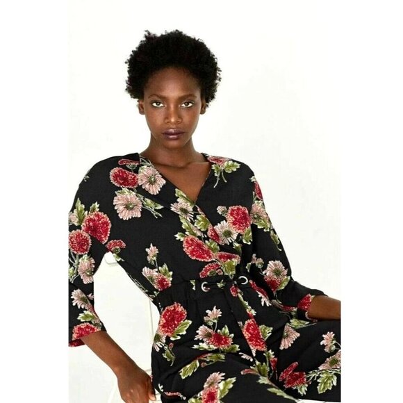Zara DArk Florals Long Sleeve Jumpsuit S - Picture 3 of 10